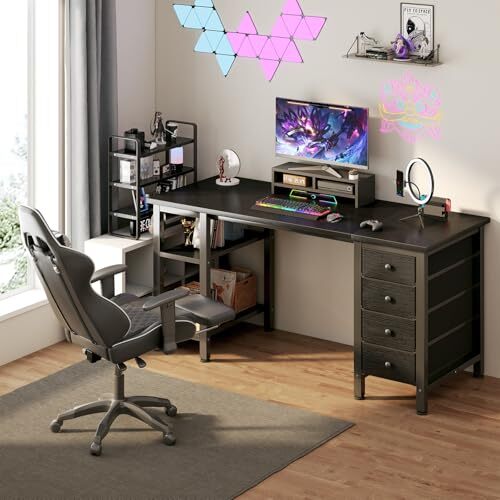 Gaming Desk with 4 Fabric Drawers & Storage Shelves, 47 inch 47.2