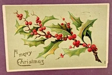 1907 Holly Branch with Red Berries - Embossed Christmas Postcard