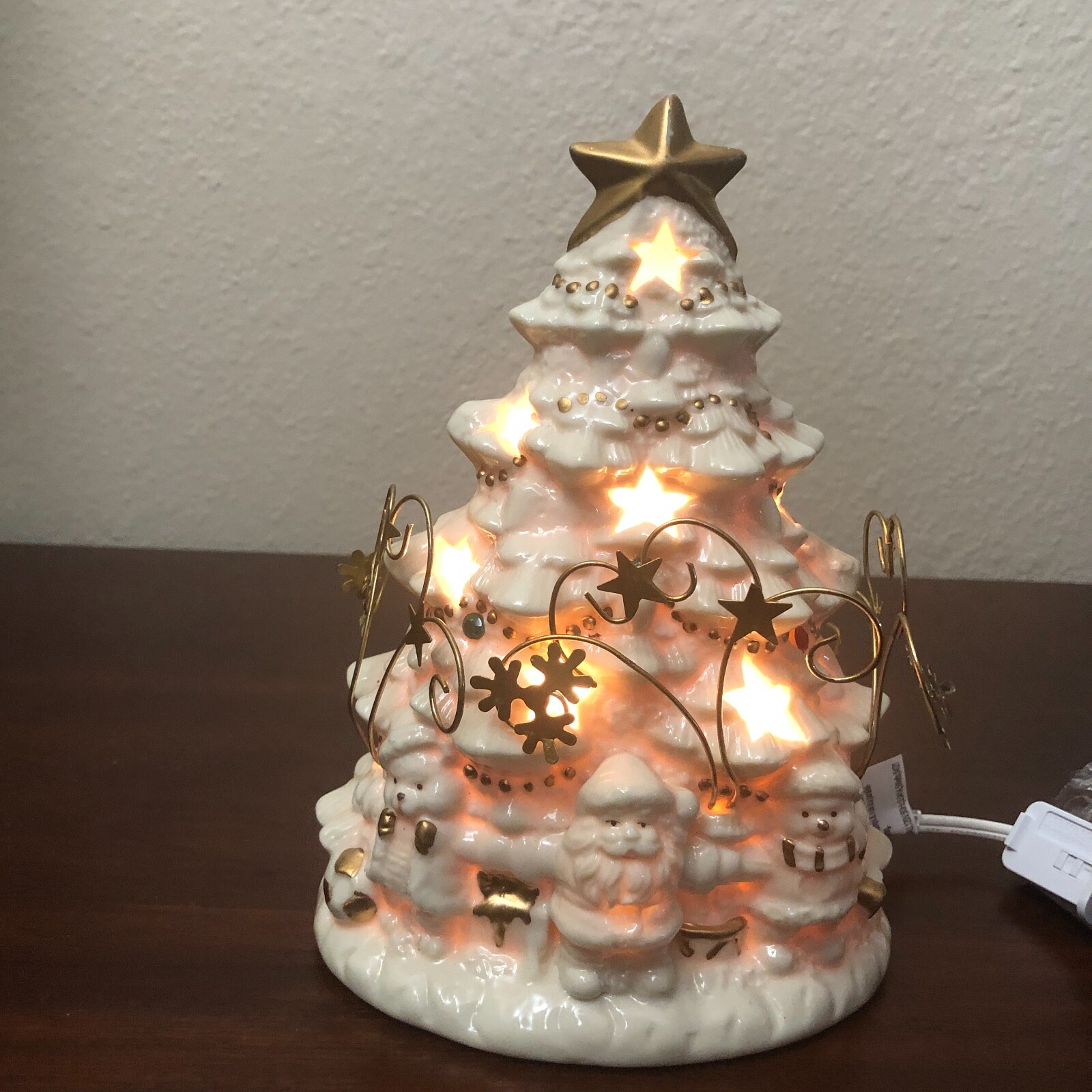 Ceramic Christmas Tree Light White Bear Santa Snowman On Base Gold Snow