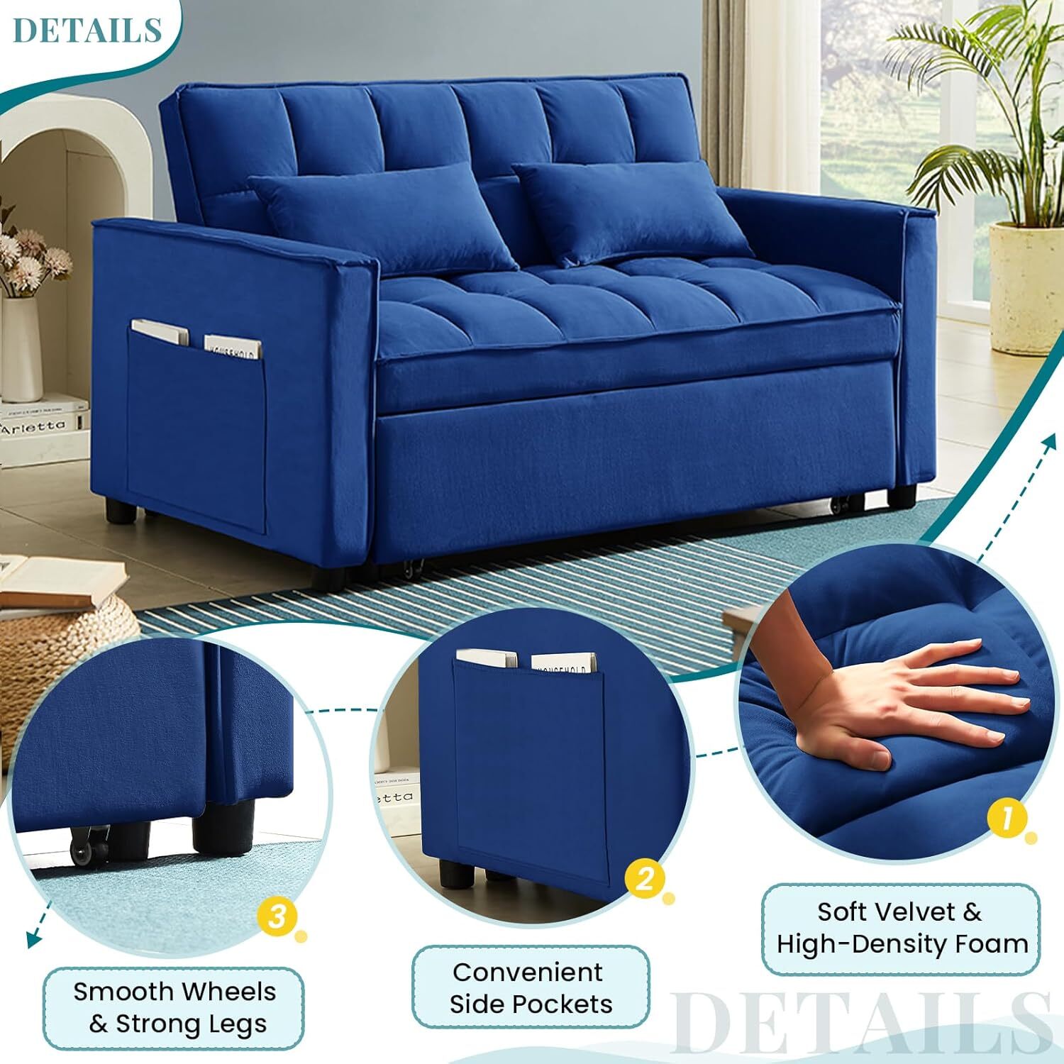 Sofa Bed Couch Sleeper Loveseat Convertible Pull-Out Bed Couch With Side Pockets