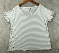 Carnival Womens Large Tee Top Gray White Striped Shirt V Neck Cuff Short Sleeve