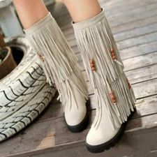 Women's double Fringe Round Toe Mid Calf Pull On Faux Suede Boot Warm comfy chic