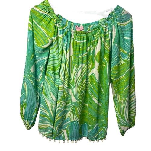 LILLY PULITZER Enna schulterfrei grün Blumenmuster mit Bommelsaum, Small