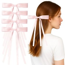 Big Pink Hair Bow Clip for Girls Women, Satin Ribbon Bows with Long Tails, A...