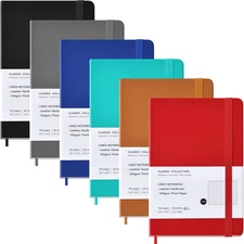 6 Pack Pocket Notebooks, 3.5" x 5.5", Leather Hardcover, 160 Lined Pages, Thick 