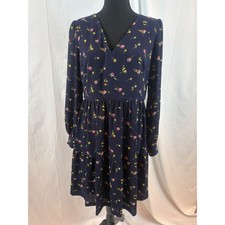 Navy Blue Floral Tiered Mini Dress Long Sleeve V Neck
