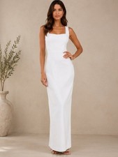 Lulus Timeless Poise White Rhinestone Square Neck Backless Maxi Dress Small NEW