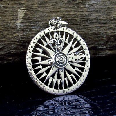 Massiver 925 Sterling Silber Fleur-de-Lis Kompass Rose Anhänger Maritim Meer Amulett