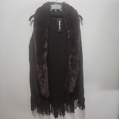 Knit Vest Fringed Brown Faux Fur Trim Shawl One Size Fits Most  Kimberly.c