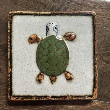Vintage TONALA TURTLE Tile Primative Boho Folk Art Pottery Signed Z Mexico