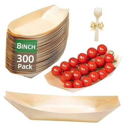 300-Pack Wooden Disposable Plates 8 IN Boat Plates Food Trays Disposable - Picture 1 of 7