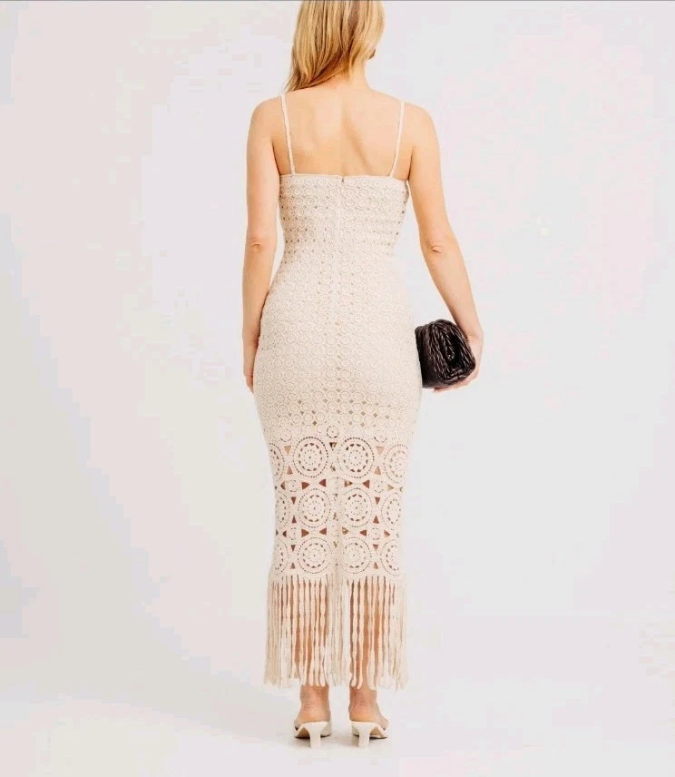 Vestido desgarrado por ronny kobo VIRAL TOBY pequeño marfil crochet flecos maxi bohemio Foto 2 de 4