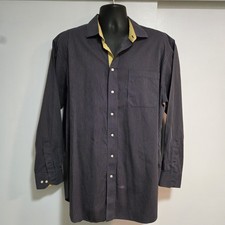 Paul Frederick 17  35 Flip Cuff Dress Shirt Navy Blue Striped Classic Fit Stain