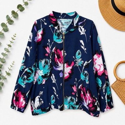 Susan Graver Navy Floral Bomber Jacket Zip Front Blue Pink Teal Womens 2X