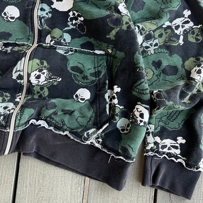 Vintage Y2K Skate Grunge Sarin AOP Skull Full Zip Up Hoodie XL