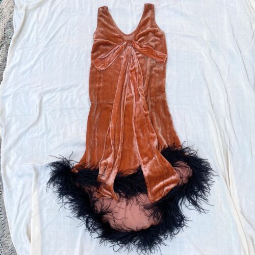 Vintage 1920s Orange Velvet Flapper Dress w/ Black Ostrich Feather Trim Size S