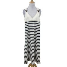 Zara Pinafore Stripe Midi Dress Womens M Medium Adjustable Wide Straps V Neck