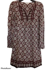 Max Studio Over Knee Long Sleeve Tribal Batik Shift Dress Tunic Size XS Burgundy