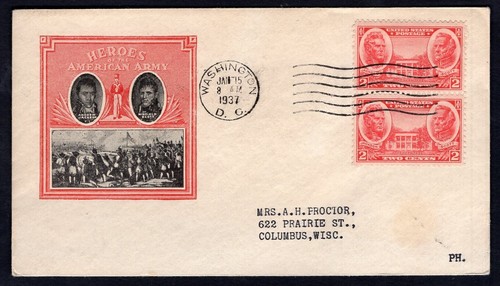 USA 1937 FDC Cover. Army Heroes. Jackson, Scott