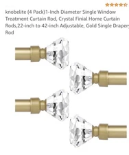 Knoblite ( 4 pack ) 22” - 42” Single Gold Window  Crystal Finial Curtain Rods