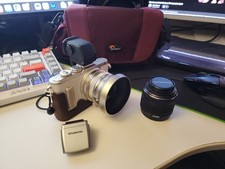 Olympus E-PL8 w/ 18mm 1.8 - 14-42mm 3.5 5.6 - Vf4 Viewfinder - Half Case - Flash