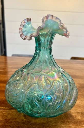 Fenton Iridescent Turquoise Swan Vase with Ruffled EdgesSigned by D. Fenton