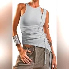 Medusa Lt Gray Sleeveless Top With Twist Tie On Side Assymetrica Stretchy XS