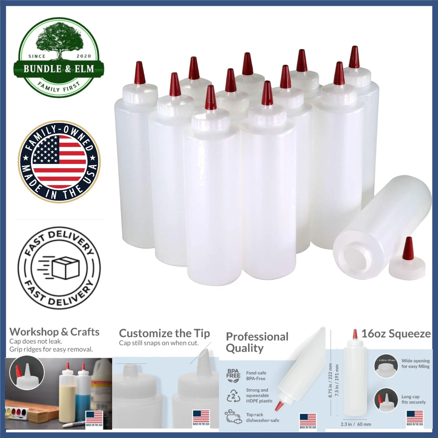 16oz Wide Mouth Squeeze Bottles for Sauces, Oils, and Arts & Crafts - 12 Pack