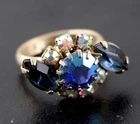Vintage Retro Ring Blue Marquis & Round Facet Cut Glass Stones Modernist