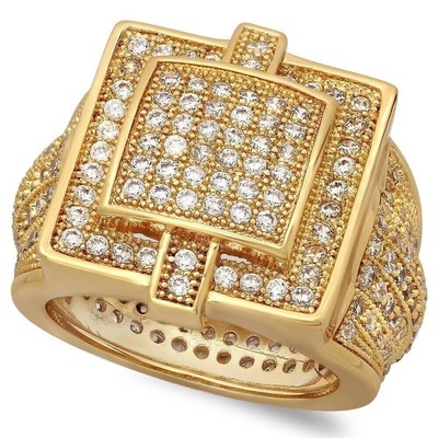 Gold Plated Square Micro-Pave Iced Out Cubic Zirconia Hip Hop Ring + Polishing