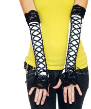 Corset Gloves White Black Arm Warmers Gothic Wedding Bridal Lace Up Cosplay Goth