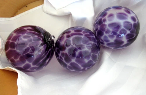 Lot of 3 Vintage Murano Art Glass Ball Ornament Hand Blown 4” Purple & White