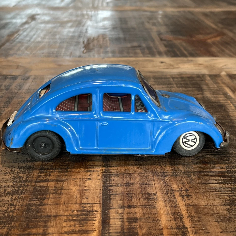 Vintage 60s Japan  friction VOLKSWAGEN BEETLE bug 7” TIN toy car blue VW - Image 3 of 4