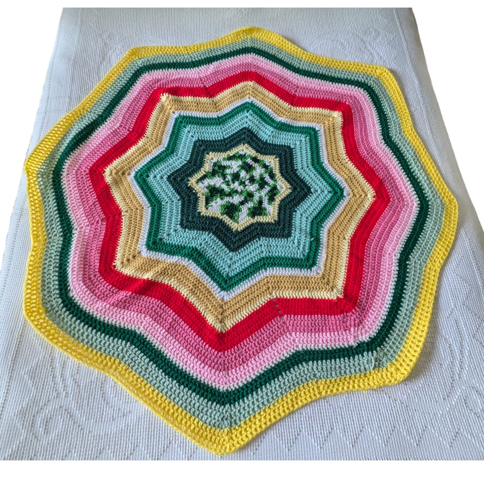 Vtg Star Afghan Rainbow 51x60 Blanket Retro Granny Cottage Boho Pink Yello Green
