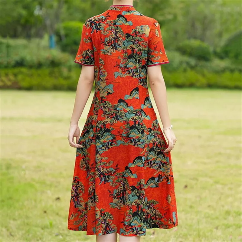 Women Floral Printed Chinese Retro Cheongsam Chinese Dress Qipao