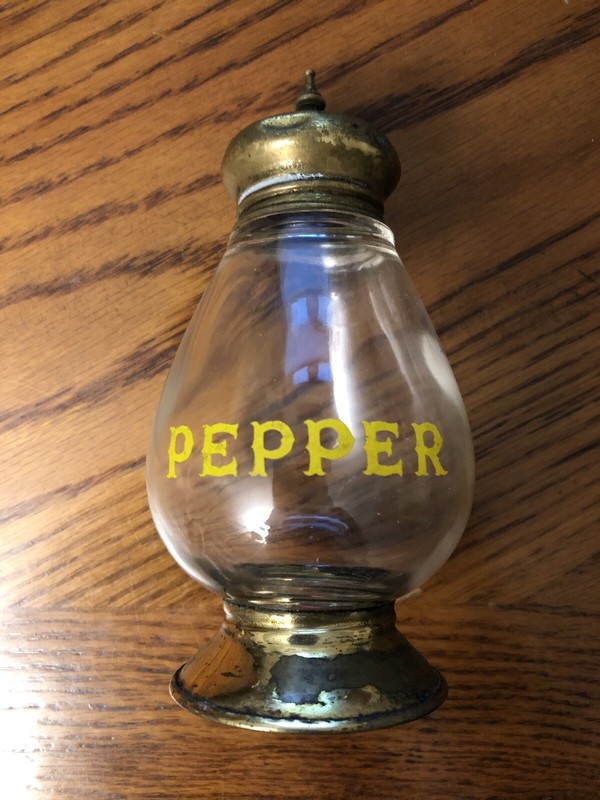 Vintage Clear Glass Imprinted Lettering Pepper Shaker with Brass Bottom and Lid