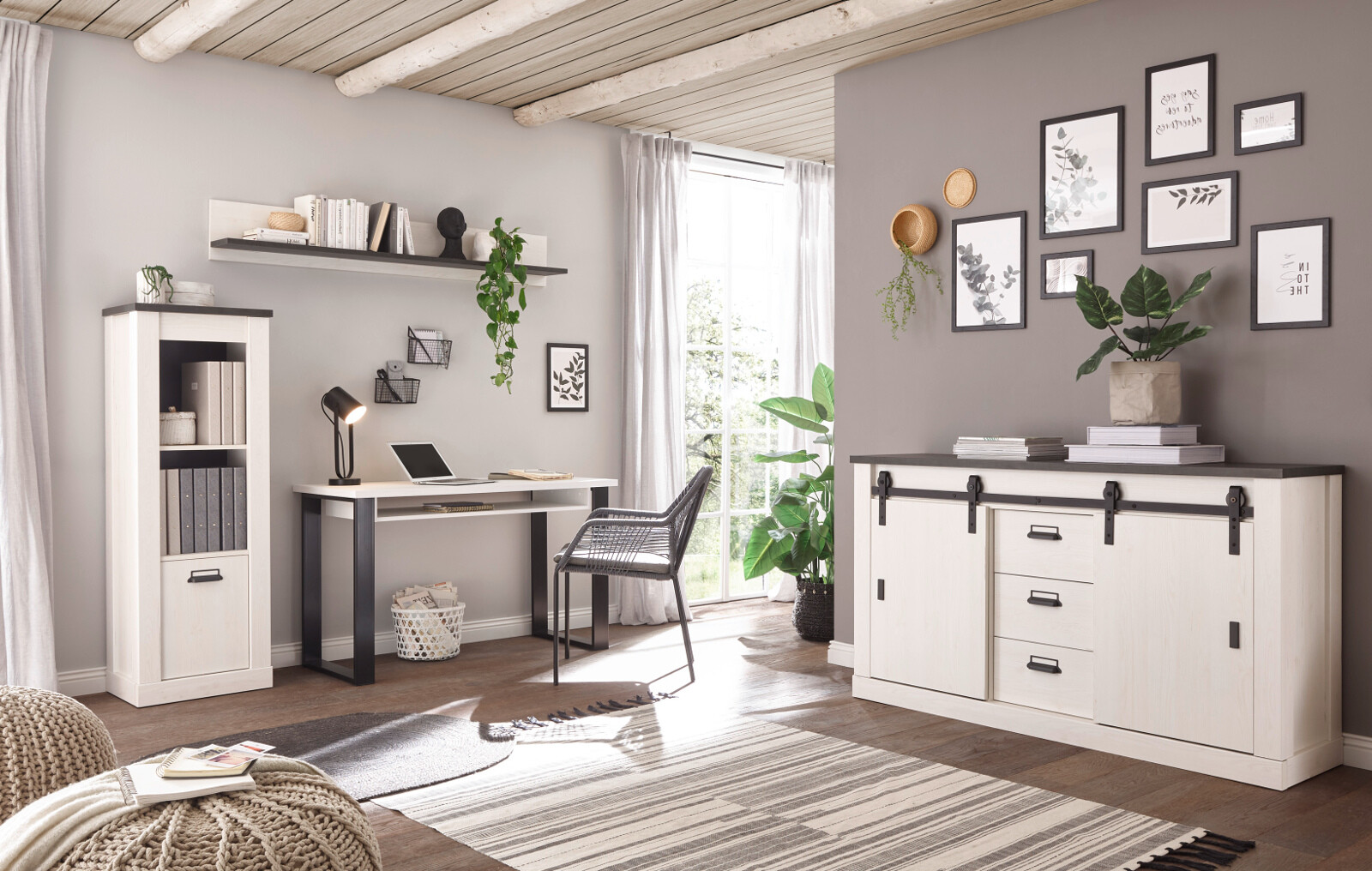 Büro Kommode Akten Sideboard weiß Pinie Schiebetür Möbel 162x91 Soft-Close Stove