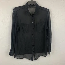 Worth New York Shirt Womens XL Black Sheer 100% Silk Button Front Blouse
