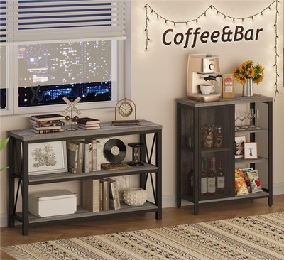 Rustic Industrial Coffee Bar Cabinet - Gray Oak Console Table for Living Room