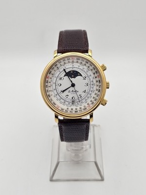 Vintage Le Montre Moonphase Calendar Quartz Date Men Watch Brown Lizard Band 