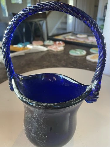 Fenton Cobalt Blue Hand-Blown Glass Basket with Twisted Handle
