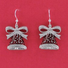 Christmas Bell Earrings Red Enamel Silver Glitter Trim Bow Dangle Holiday Gift