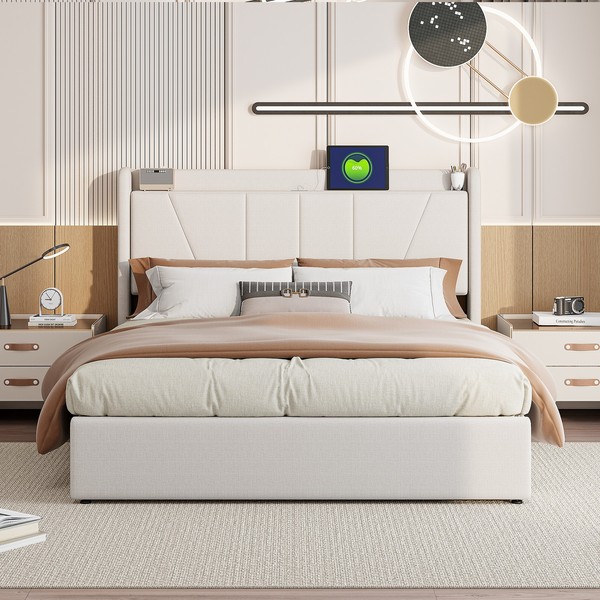 Polsterbett Doppelbett 140X200 Cm Mit Hydraulisch Stauraum Bettkasten Usb-Laden-image