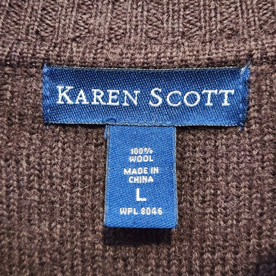 Cárdigan tejido Karen Scott para mujer 100 % lana cremallera completa suéter LG marrón cuello falso Foto 4 de 4