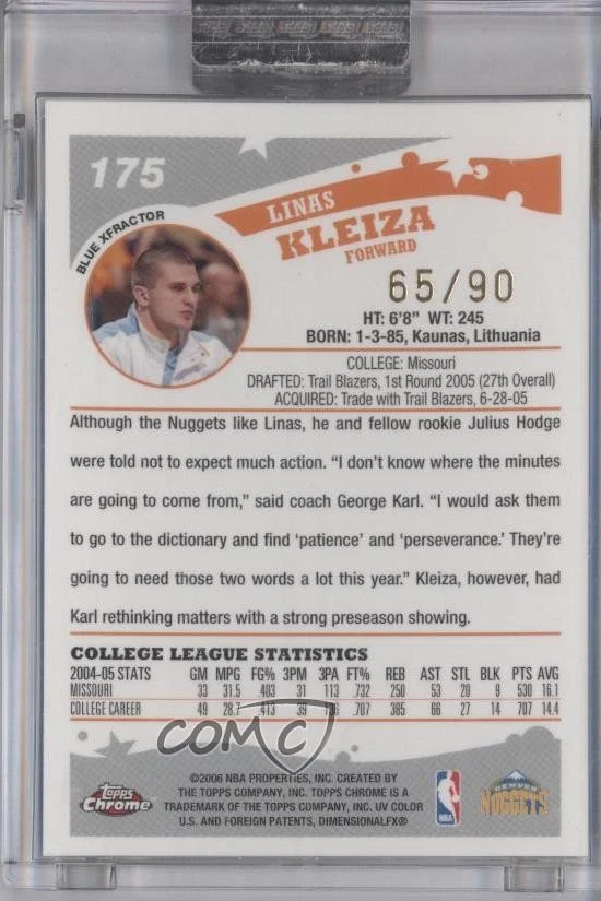 2005-06 Topps Chrome Blue X-Fractor /90 Linas Kleiza #175 Rookie RC - Image 2 of 2