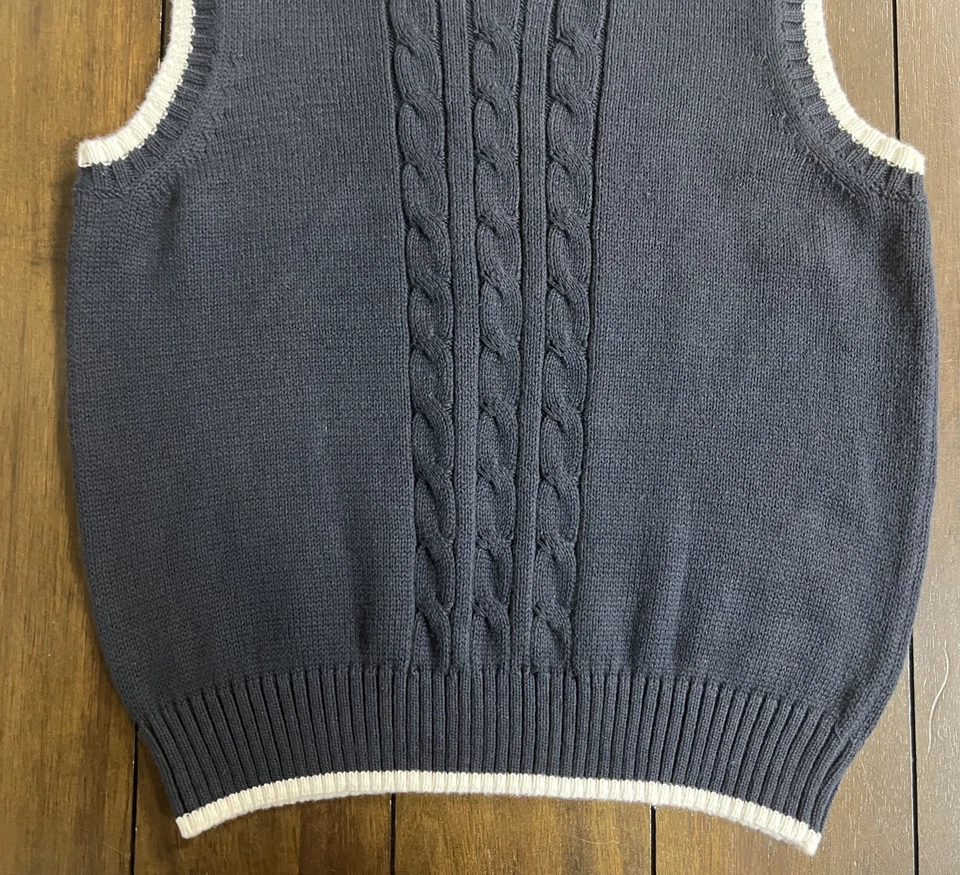 Nuevo con etiquetas Chaleco Suéter Gymboree-Azul Marino con Borde Blanco-Diseño Tejido con Cable-Talla: S (5-6)  Foto 3 de 4