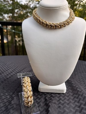 Vintage CINER NECKLACE & BRACELET SET Pave Rhinestone Signed Goldtone Finish