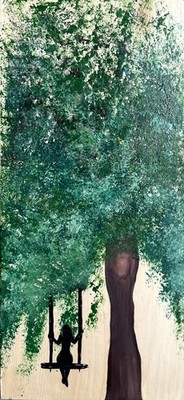 Wood painting, Tree Art, Wood Art, Green Tree, Nature, Wall Art, Girl on Swing