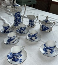 Limoges China Blue Floral Demitasse Espresso Tea Set 13 Pc Gold Trim Vintage