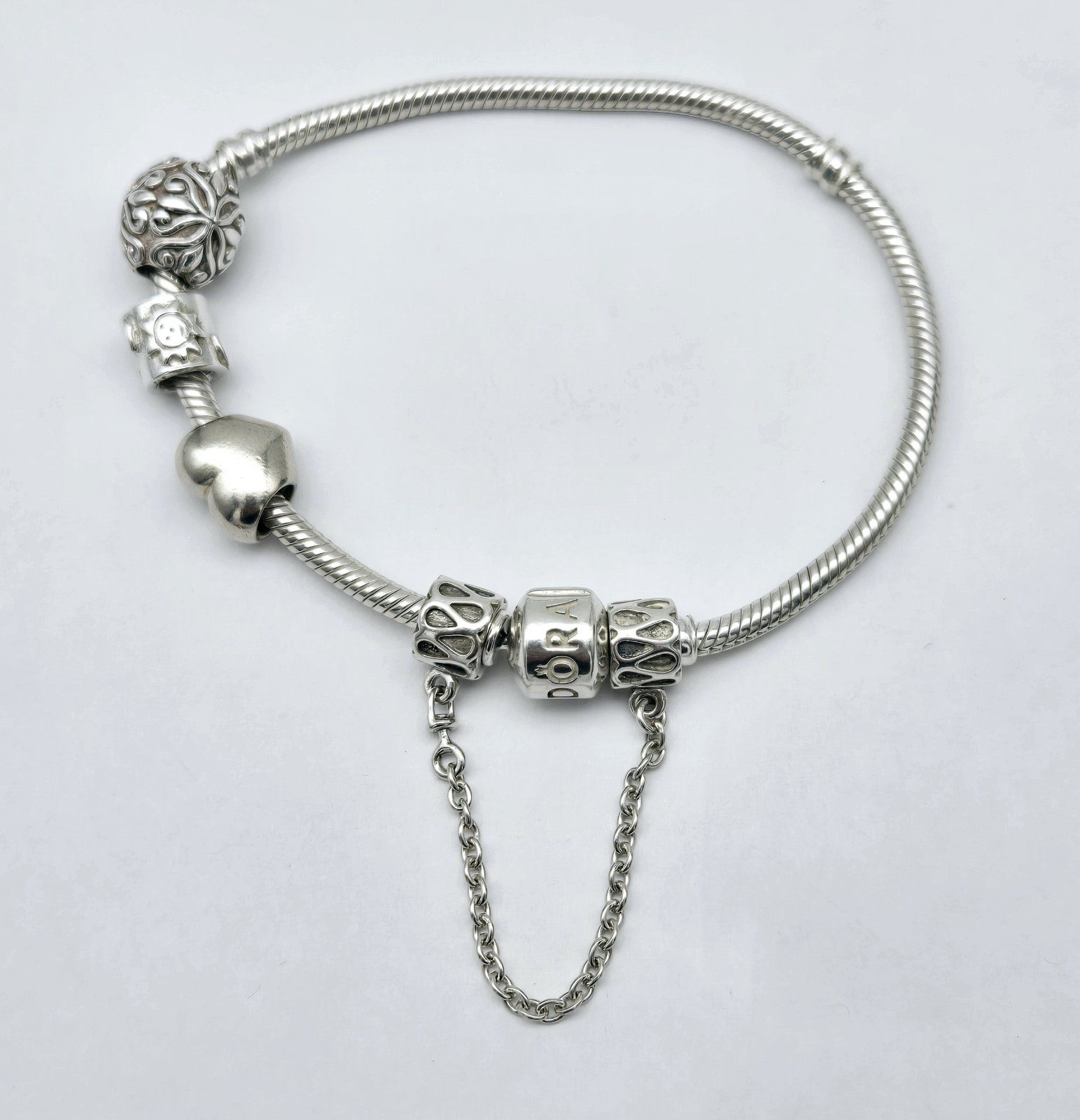 VTG Pandora 925 European Charm Bracelet W/ 3 Charms & Safety Chain - 7.5